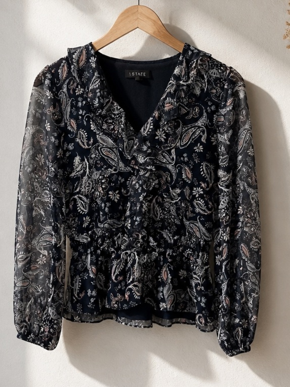1. State Women's Blouse Size S Ruffle Front Chiffon Blue Floral Paisley Print